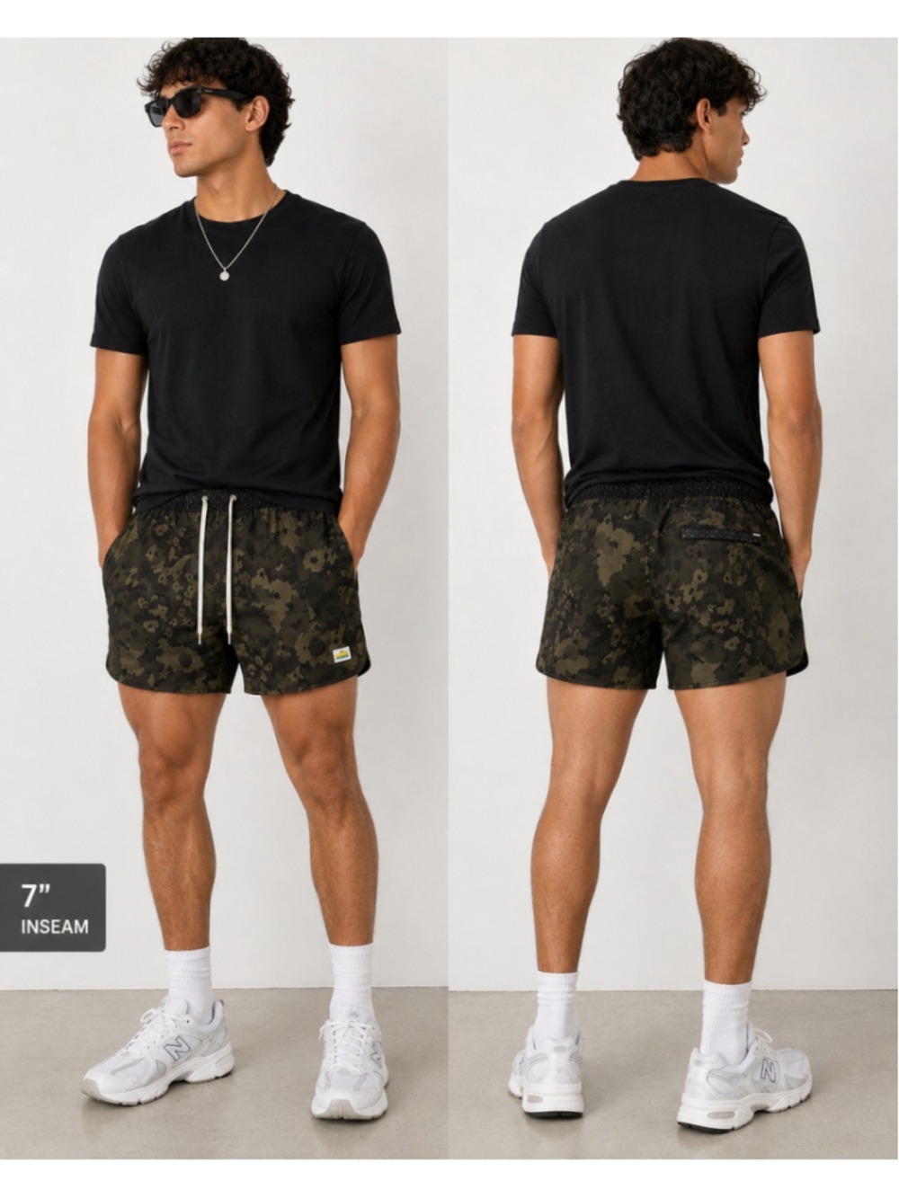 Men’s Floral Camo Swim Trunks Shorts Green Black Drawstring Lined 7” Inseam 34”